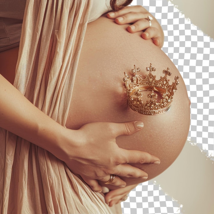 PSD uma mulher segura seu braço em torno de sua barriga com uma coroa nele