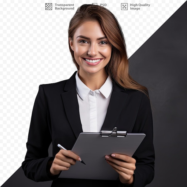 Uma mulher segurando um caderno e uma caneta na mão.