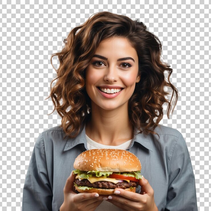 PSD uma mulher segurando um hambúrguer com um fundo de uma tela que diz hambúrguer