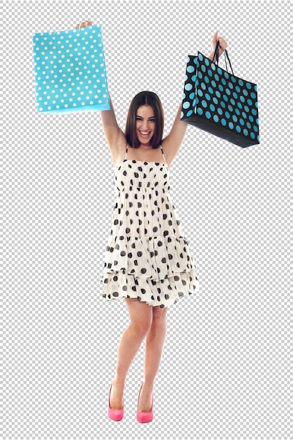 uma mulher segurando uma bolsa de compras com uma bolsa de polka branca e preta