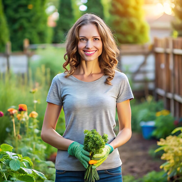 PSD uma mulher segurando uma cesta de vegetais com um sorriso no rosto