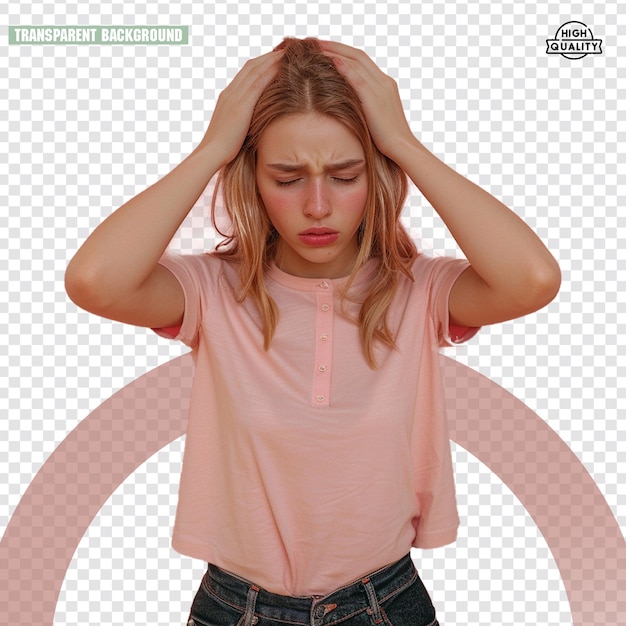 Uma mulher segurando uma dor de cabeça em sua mão em um fundo transparente