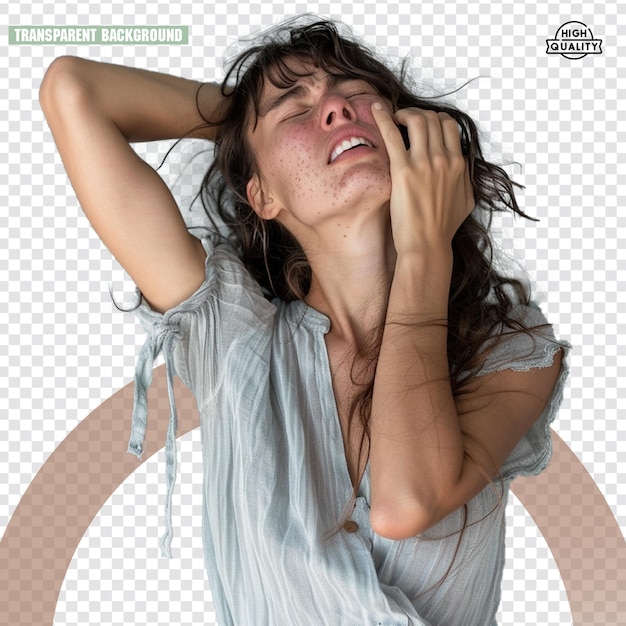 Uma mulher segurando uma dor de cabeça em sua mão em um fundo transparente
