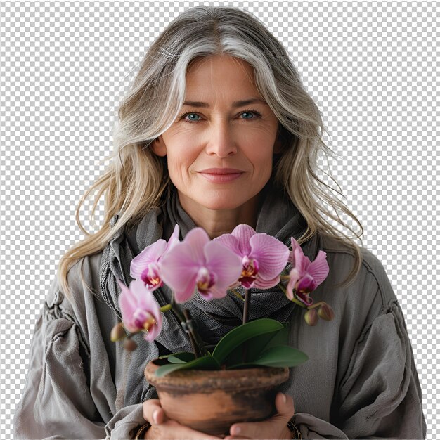 PSD uma mulher segurando uma panela de flores com uma planta nela