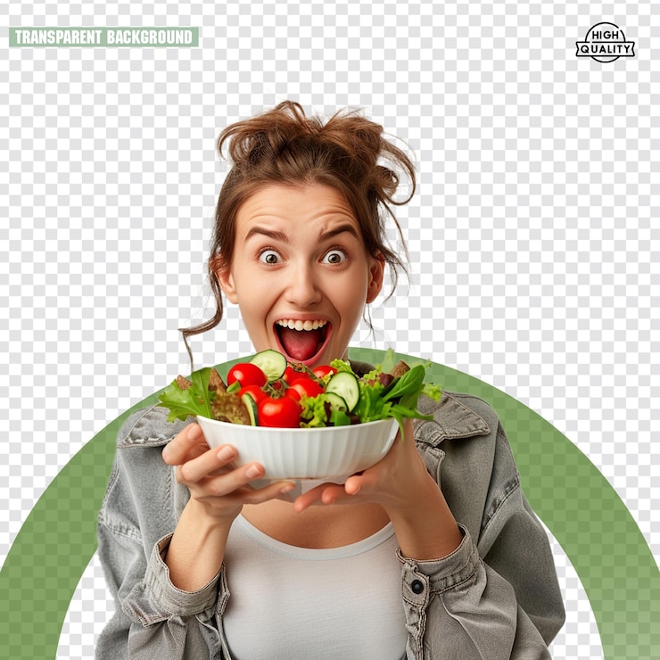 PSD uma mulher segurando uma tigela de salada com uma taça de vegetais na frente dela