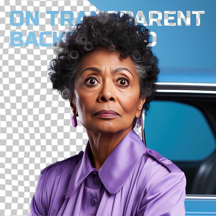 PSD uma mulher sênior cética com cabelo pervertido da etnia asiática vestida com roupa de motorista de táxi posa em estilo sideways glance contra um fundo pastel periwinkle