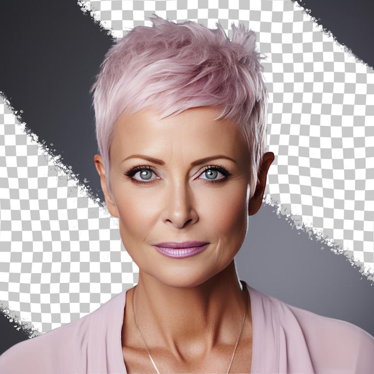PSD uma mulher sênior compassiva com cabelos curtos da etnia nórdica vestida com trajes de maquiadora posa em estilo close up of eyes contra um fundo pastel mauve