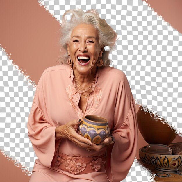 Uma mulher sênior curiosa com cabelo loiro da etnia hispânica vestida com trajes de cerâmica de criação posa em um estilo de rir com a mão cobrindo a boca contra um fundo de pêssego pastel