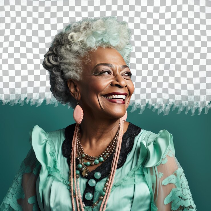 PSD uma mulher sênior divertida com cabelo loiro da etnia afro-americana vestida com trajes de cartógrafo posa em estilo one shoulder forward contra um fundo de menta pastel