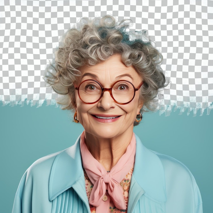 PSD uma mulher sênior jubilante com cabelos rizados da etnia eslava vestida com trajes de babá posa em um estilo focused gaze com óculos contra um fundo azul pastel