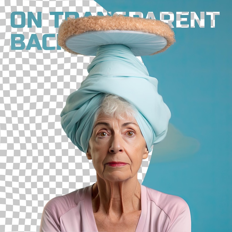 PSD uma mulher sênior lamentável com cabelo loiro da etnia do oriente médio vestida com trajes de ioga posa em um gaze through a prop como um estilo de chapéu contra um backg pastel sky blue