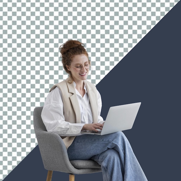 uma mulher senta-se em uma cadeira com um laptop na frente dela
