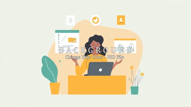 Uma mulher senta-se em uma mesa com um laptop cercada de papéis e gráficos sorrindo