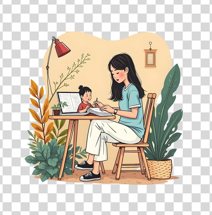 PSD uma mulher senta-se em uma mesa com uma criança lendo um livro