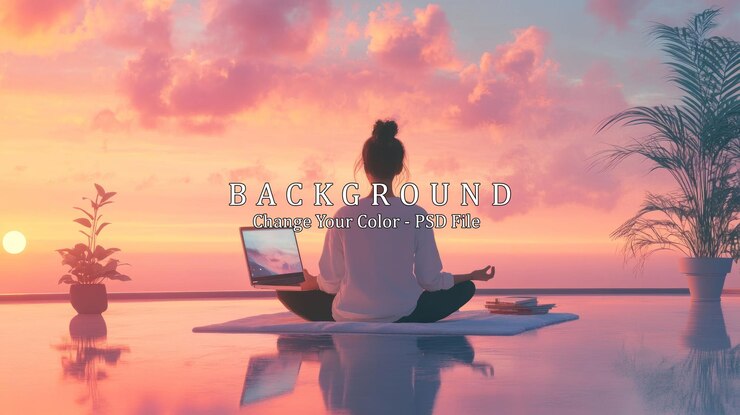 PSD uma mulher senta-se em uma posição de lótus em um telhado com vista para um lindo pôr-do-sol meditando com seu laptop na frente dela