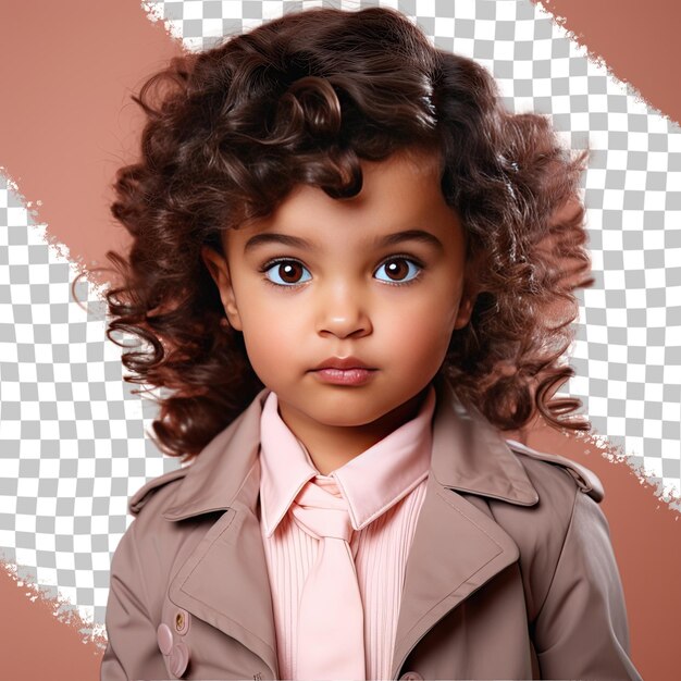 PSD uma mulher serene toddler com cabelo encaracolado da etnia sul-asiática vestida com trajes de investigador privado posa em estilo close up of eyes contra um fundo de salmão pastel