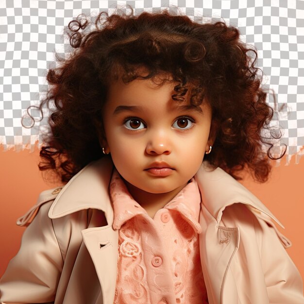 PSD uma mulher serene toddler com cabelo encaracolado da etnia sul-asiática vestida com trajes de investigador privado posa em estilo close up of eyes contra um fundo de salmão pastel