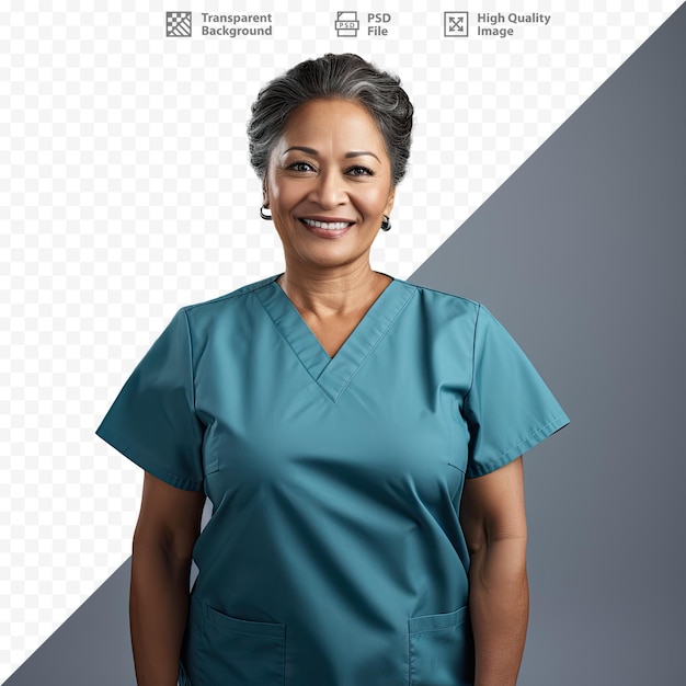 PSD uma mulher sorrindo em um uniforme de enfermeira azul com as palavras “serviços médicos” na tela.