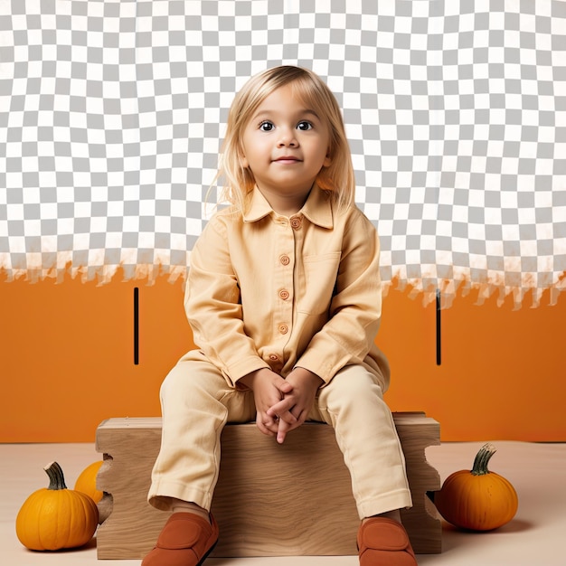 PSD uma mulher toddler confiante com cabelo loiro da etnia sul-asiática vestida com trajes de carpinteiro posa em um estilo de assento no chão gracioso contra um fundo de tangerina pastel
