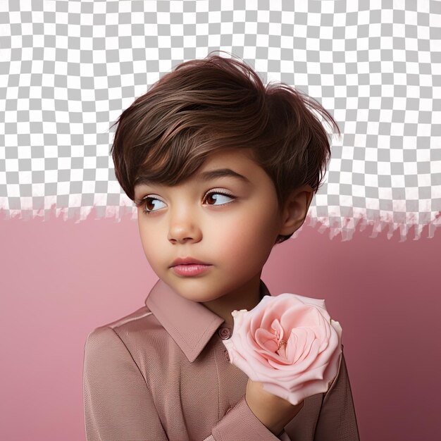 PSD uma mulher toddler entediada com cabelo curto da etnia mongol vestida com trajes de mediador posa no estilo chin on hand contra um fundo pastel rose