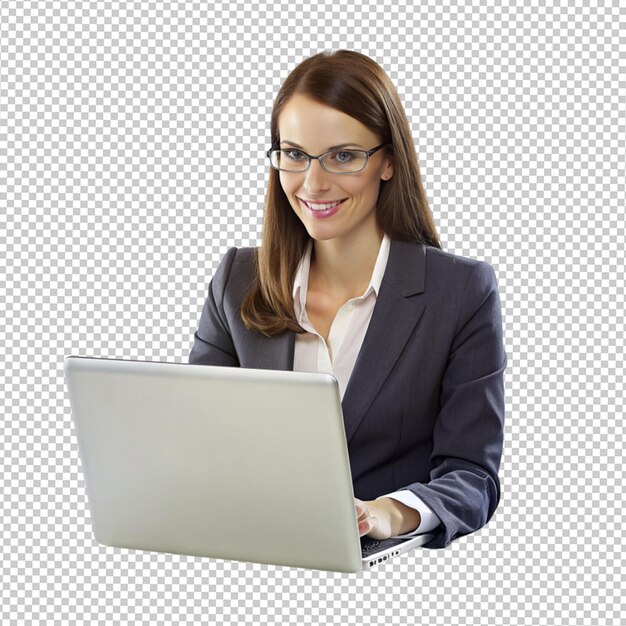 PSD uma mulher usa um laptop em fundo transparente