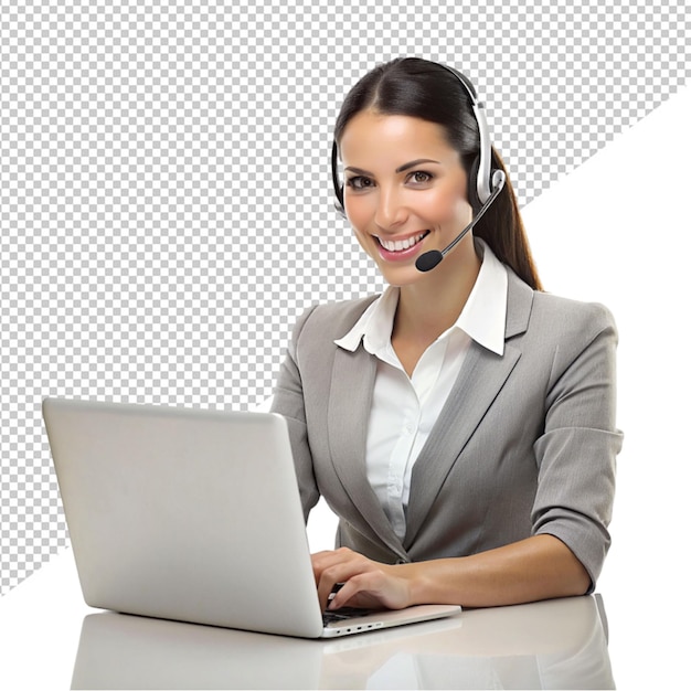 Uma mulher usando fone de ouvido e usando laptop em fundo transparente