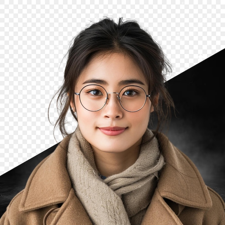 PSD uma mulher usando óculos e um lenço com fundo preto