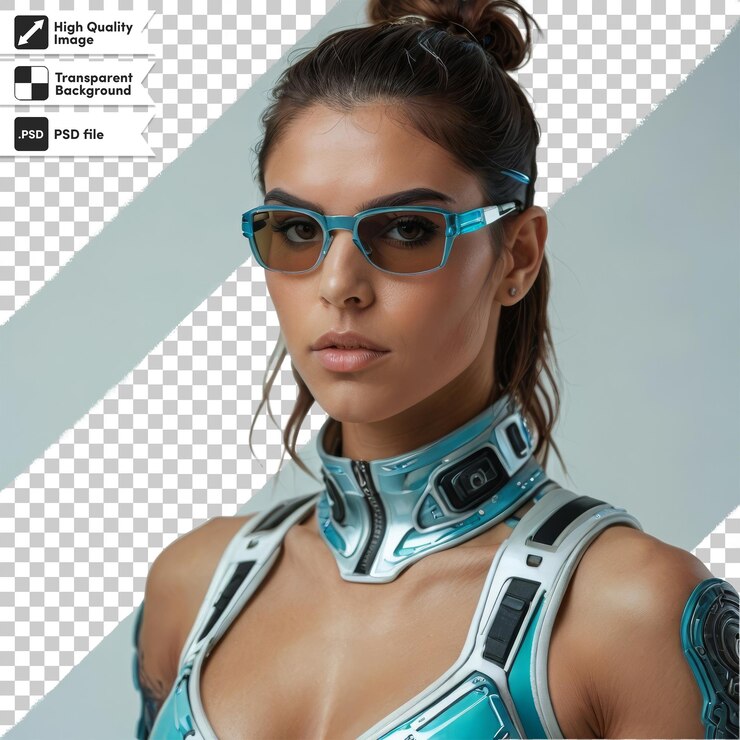 PSD uma mulher usando um espartilho com uma alça azul que diz óculos de proteção