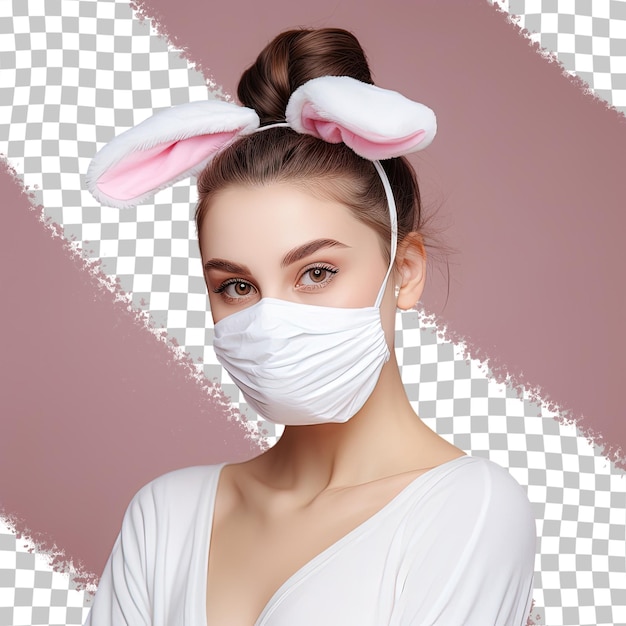 PSD uma mulher usando uma máscara de coelho com uma máscara no rosto.