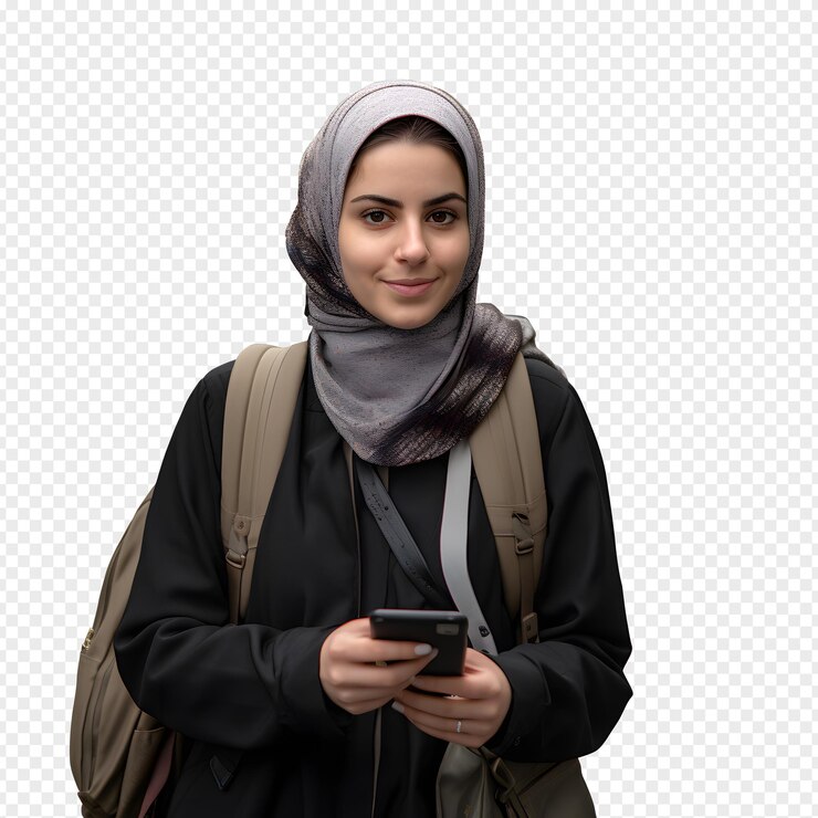 uma mulher usando uma mochila com um telefone celular em sua mão isolado fundo transparente PNG