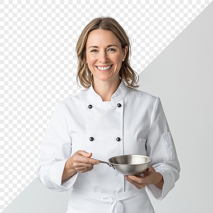 PSD uma mulher vestindo o uniforme de um chef segura uma colher com uma tigela de sopa