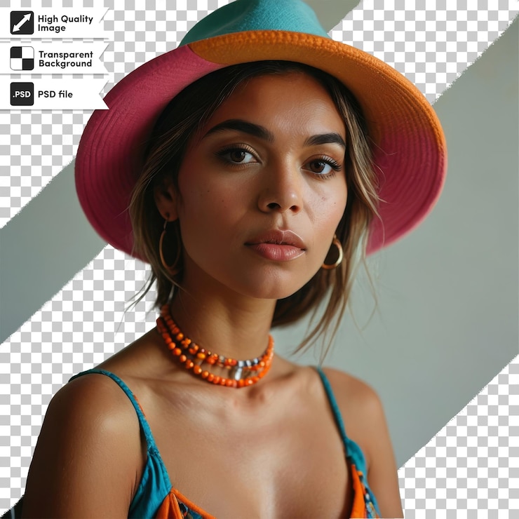 PSD uma mulher vestindo um chapéu colorido com um rótulo preto que diz citação natural