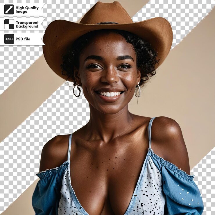 PSD uma mulher vestindo um chapéu de cowboy com a palavra h nele