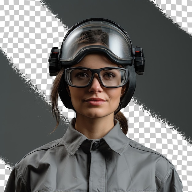 PSD uma mulher vestindo um chapéu de piloto e óculos está em frente a um fundo em xadrez preto e branco.