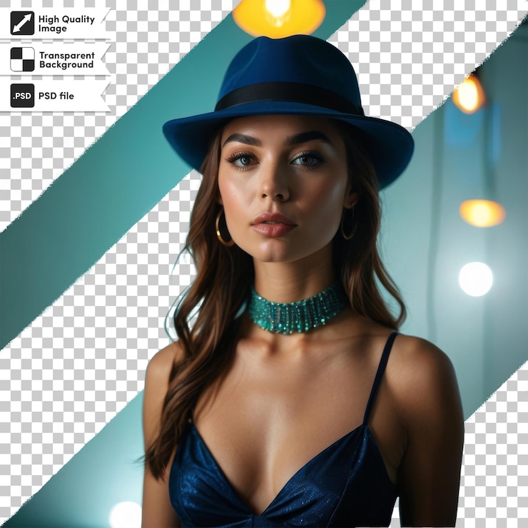 PSD uma mulher vestindo um chapéu e um vestido azul com uma faixa preta ao redor do pescoço