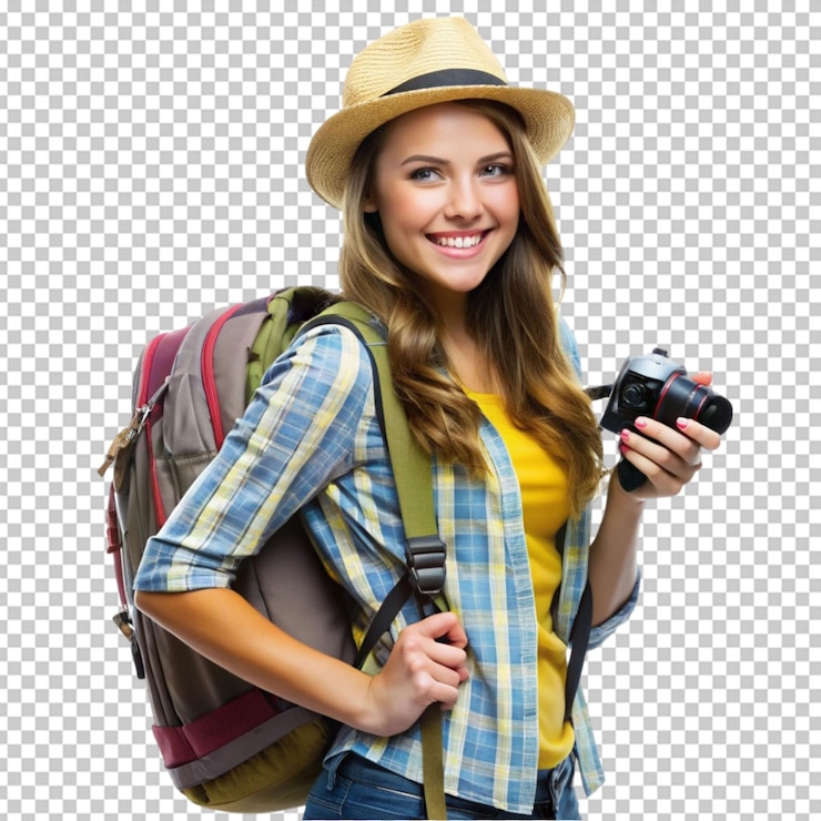 PSD uma mulher vestindo um chapéu está segurando um mapa de viagem