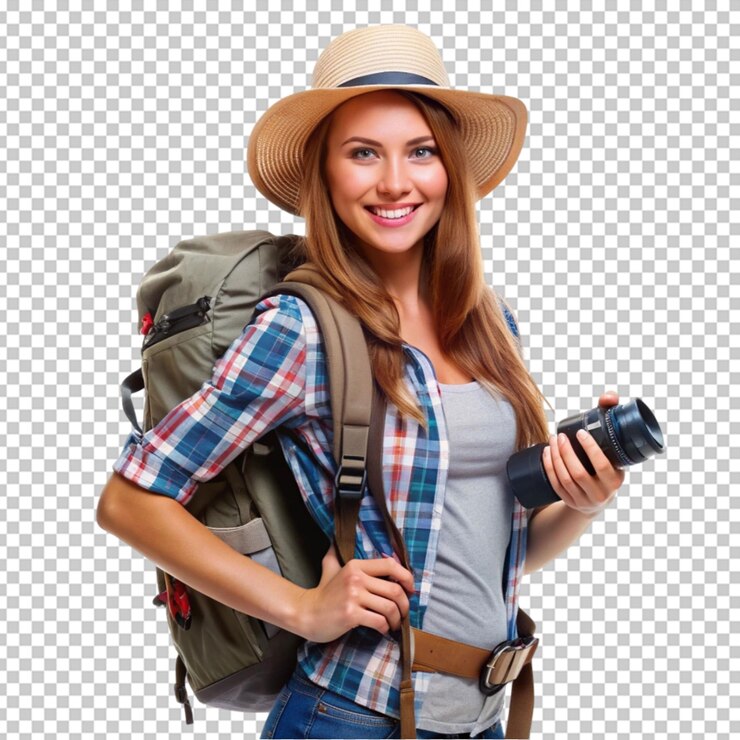PSD uma mulher vestindo um chapéu está segurando um mapa de viagem