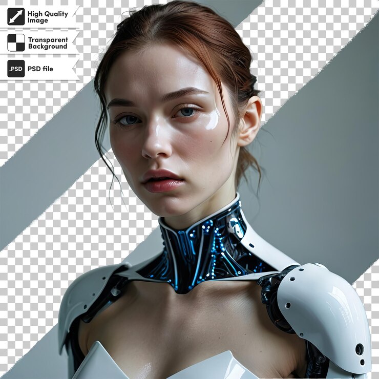 PSD uma mulher vestindo um fato de robô branco com um logotipo preto e branco