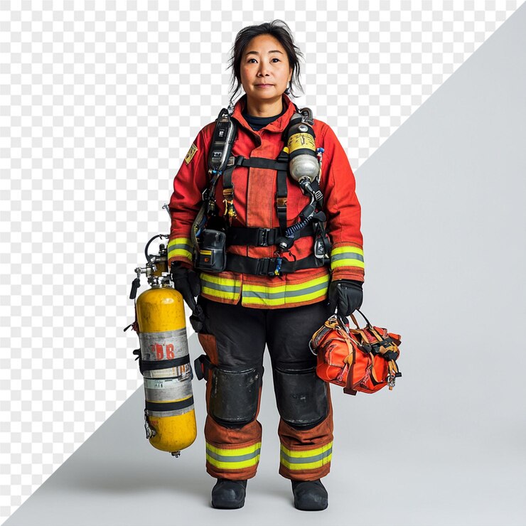 PSD uma mulher vestindo um uniforme de bombeiro está em frente a um colete de vida amarelo e laranja