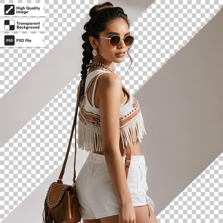 PSD uma mulher vestindo um vestido branco com uma bolsa de couro marrom