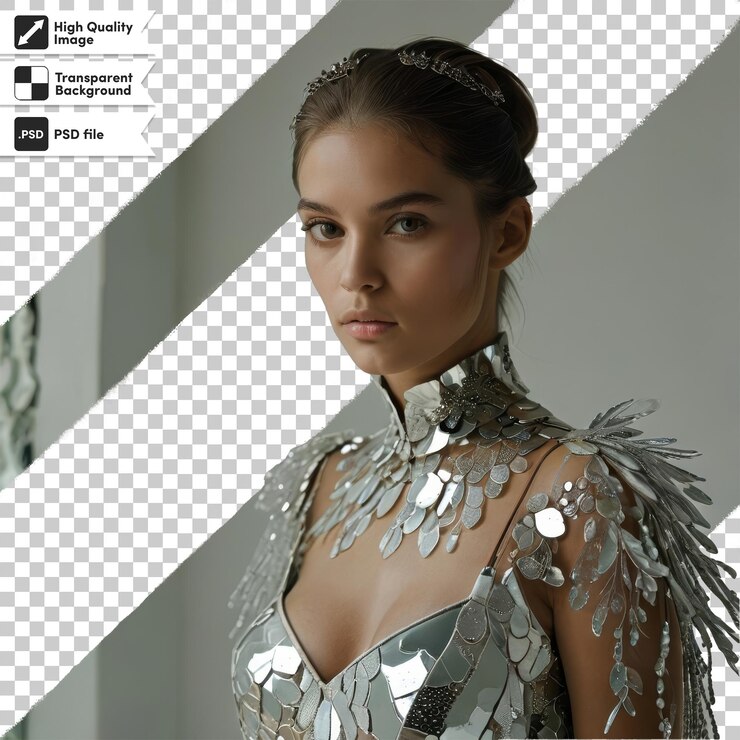 PSD uma mulher vestindo um vestido de prata com penas de prata e um fundo preto e branco