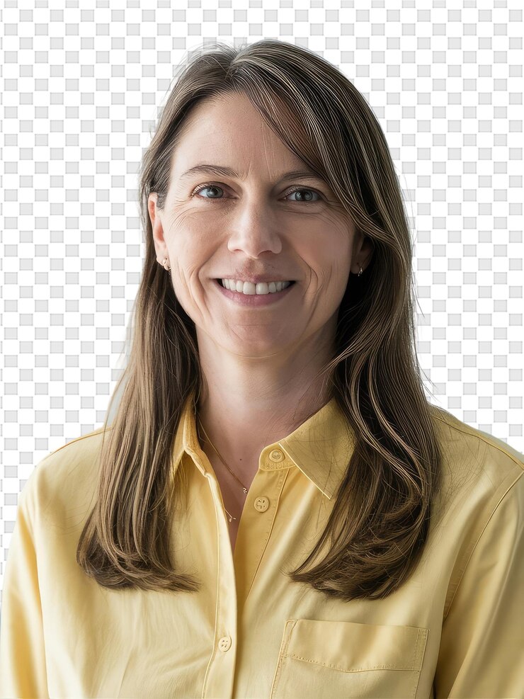 PSD uma mulher vestindo uma camisa amarela com um sorriso no rosto