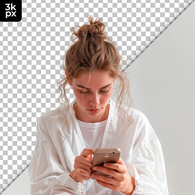 uma mulher vestindo uma camisa branca isolada em fundo transparente