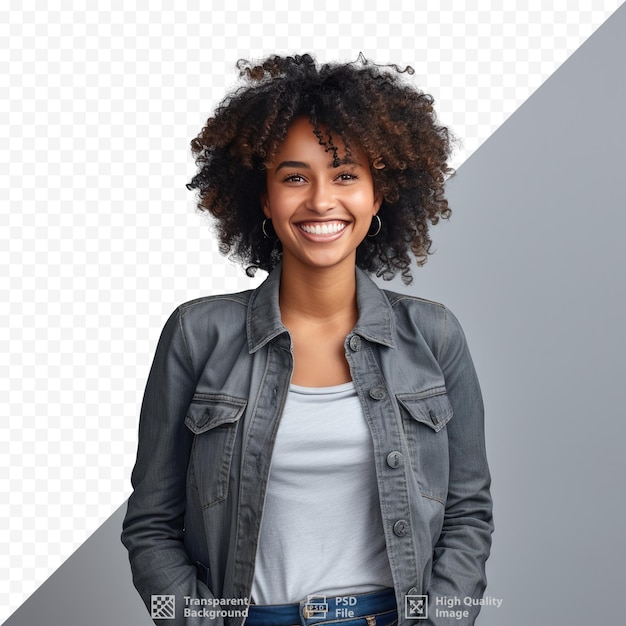 Uma mulher vestindo uma camisa cinza com uma faixa azul que diz 