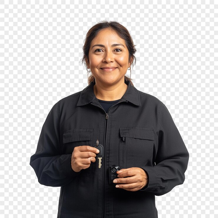 PSD uma mulher vestindo uma camisa preta com uma câmera na frente dela