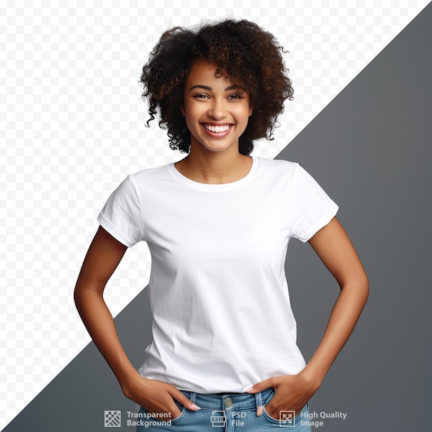 PSD uma mulher vestindo uma camiseta branca está na frente da foto de uma mulher.