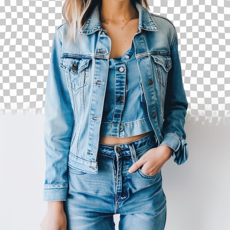 PSD uma mulher vestindo uma jaqueta de jeans com um cinto que diz sobreposto a ele