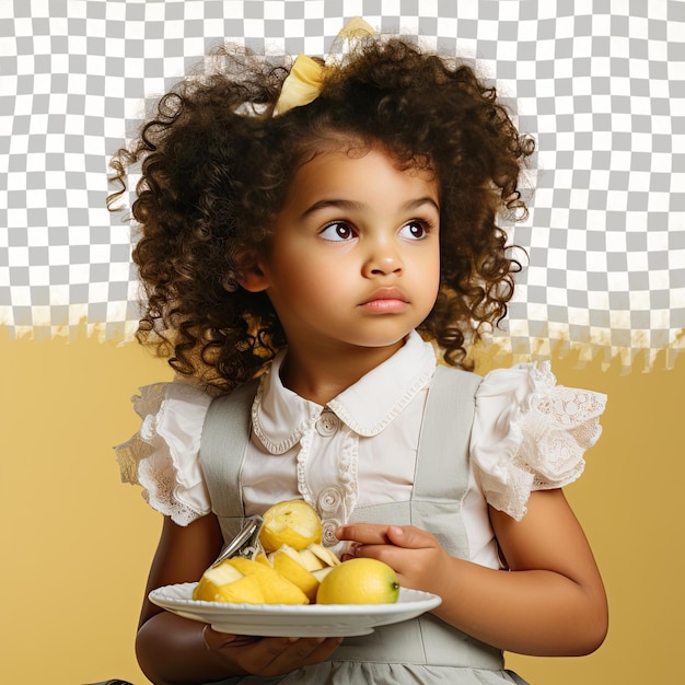 PSD uma mulher zestful toddler com cabelo encaracolado da etnia eslava vestida com roupas de cozinha posa em um perfil com estilo de iluminação dramática contra um fundo de limão pastel