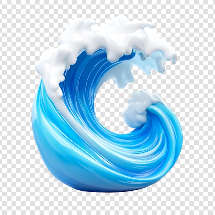 PSD uma onda azul vibrante com cristas de espuma branca gira dinamicamente sobre um fundo transparente