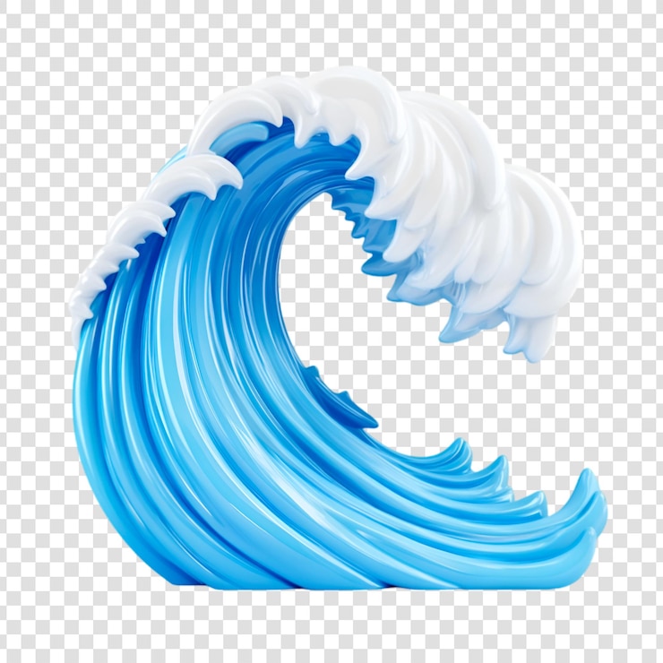 PSD uma onda azul vibrante com cristas de espuma branca gira dinamicamente sobre um fundo transparente